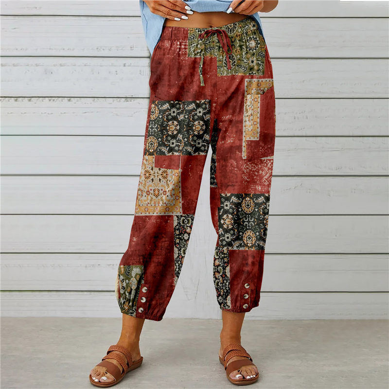 Pantalon imprimé rétro à taille haute et cordon de serrage