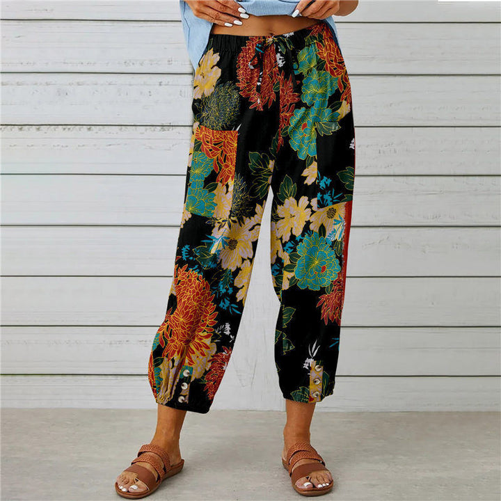 Pantalon imprimé rétro à taille haute et cordon de serrage
