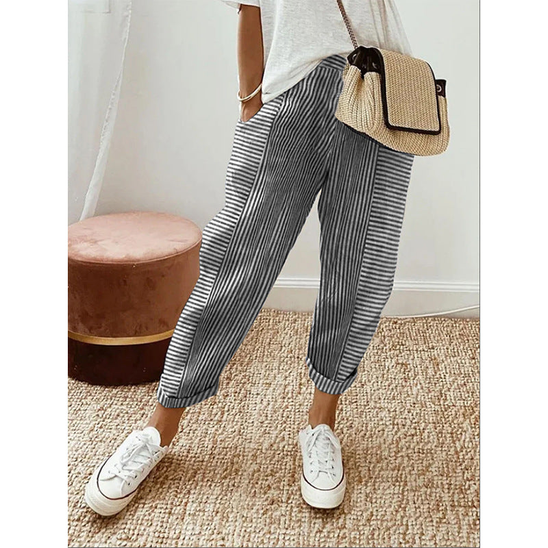 Pantalon décontracté à rayures et coutures
