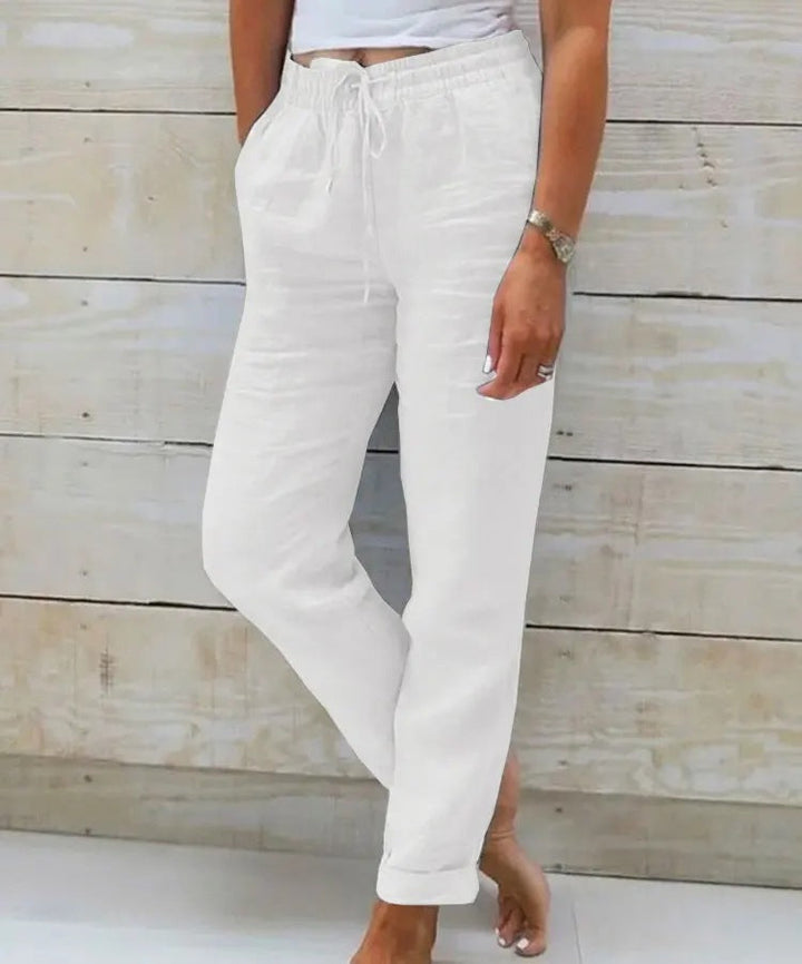 Pantalon large en coton et lin à taille élastique