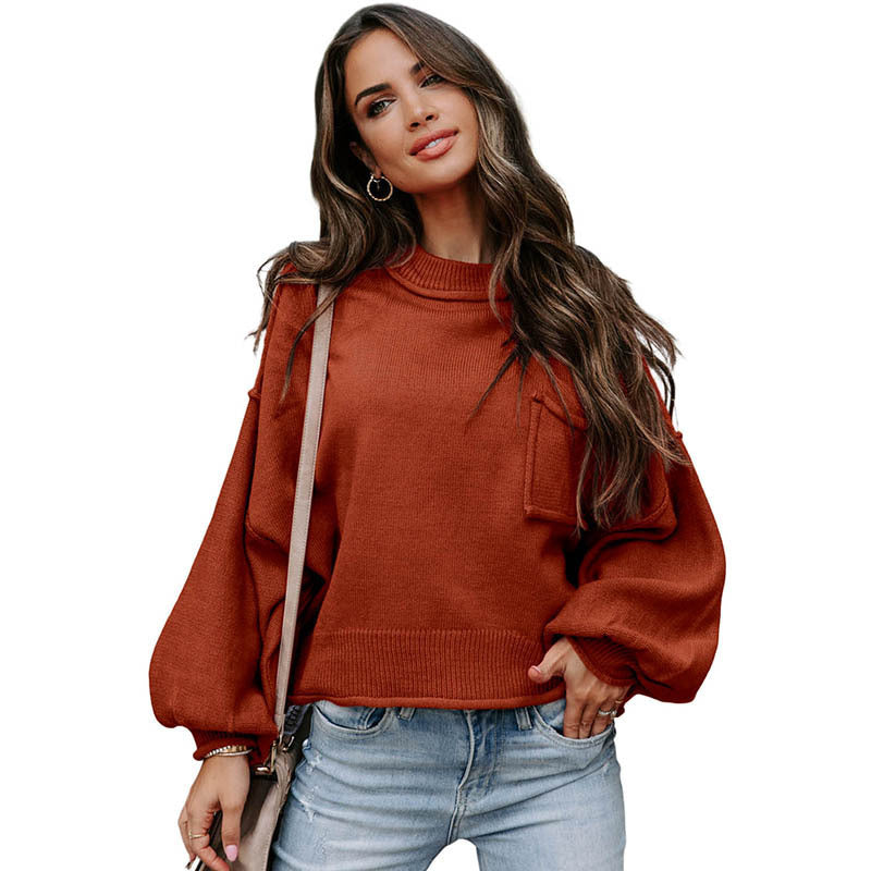 Pull tricoté à col rond manches longues pour femme