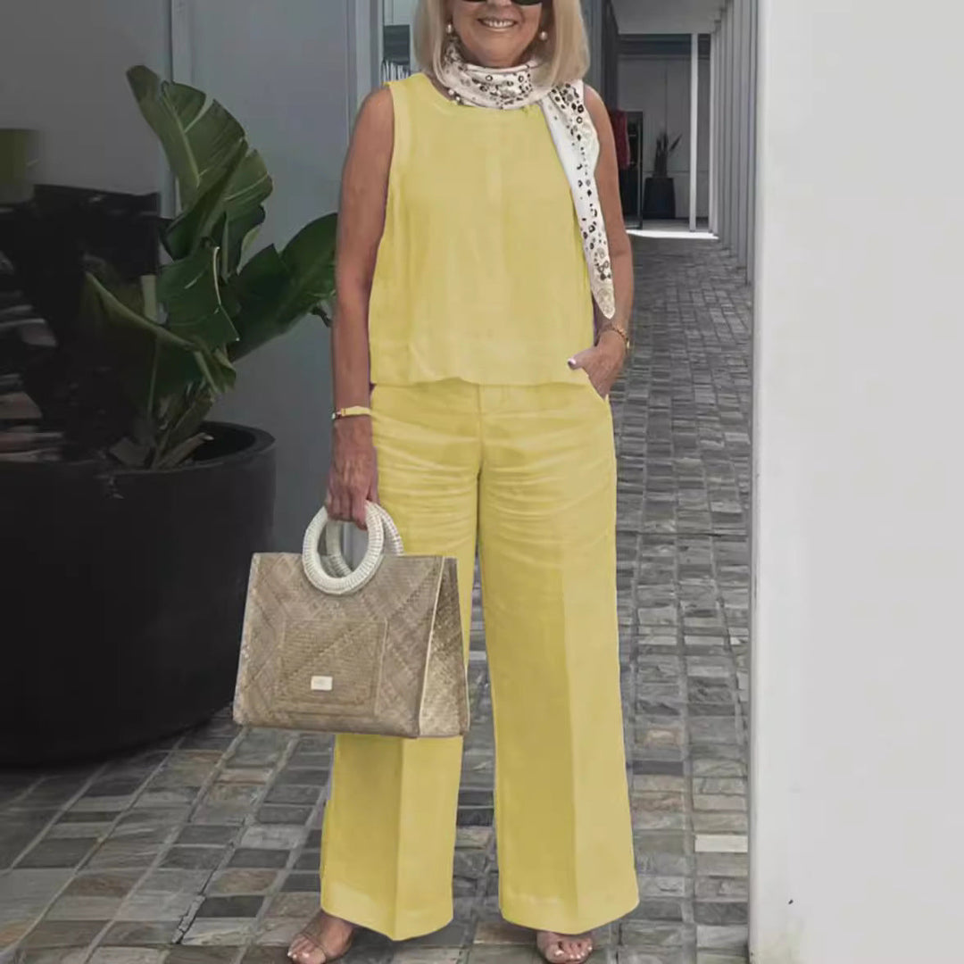 Ensemble pantalon large en coton et lin sans manches