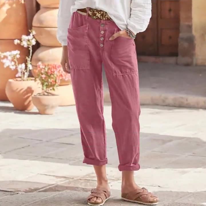 Pantalon en coton et lin à boutons