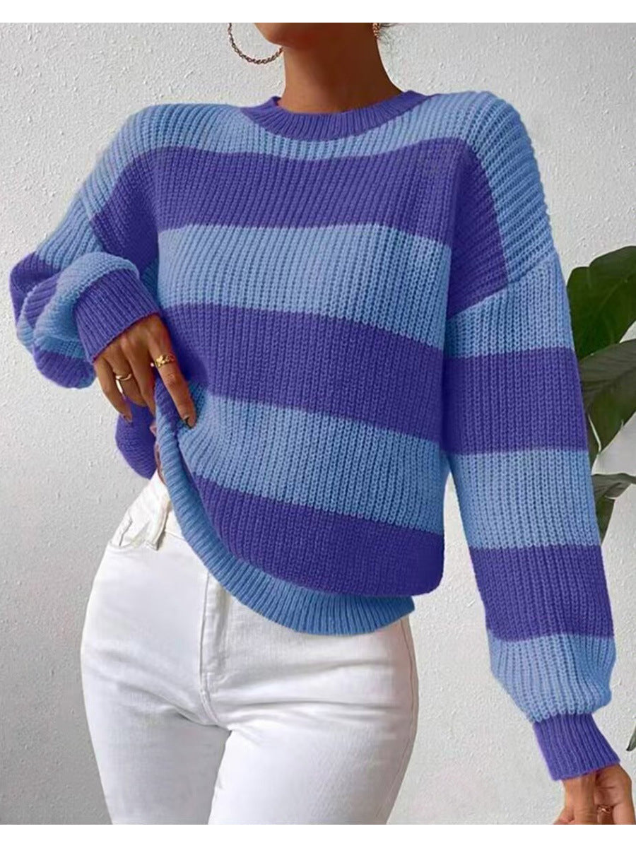 Women's Striped Long Sleeve Crew Neck Sweater