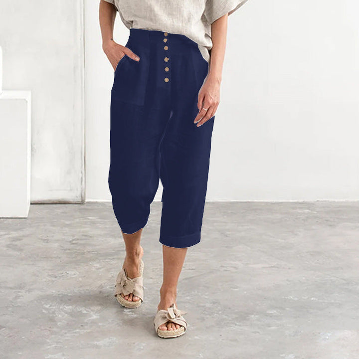 Pantalon décontracté en coton et lin à boutons