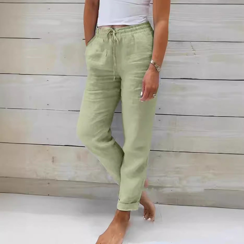 Pantalon large en coton et lin à taille élastique