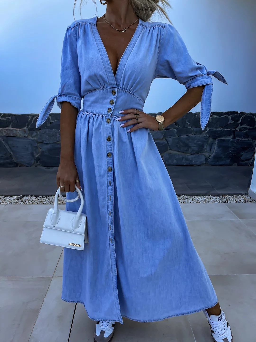 Robe longue en jean à col V