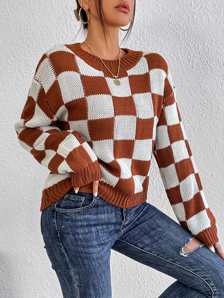 Pull à manches longues col rond à carreaux pour femme