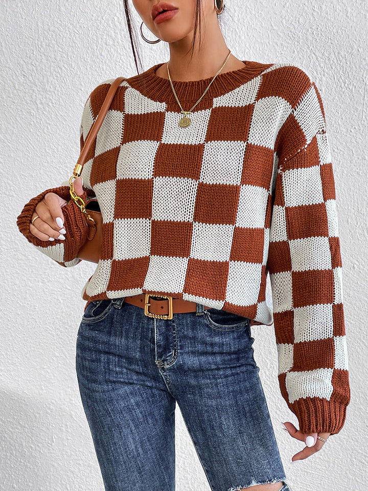 Pull à manches longues col rond à carreaux pour femme