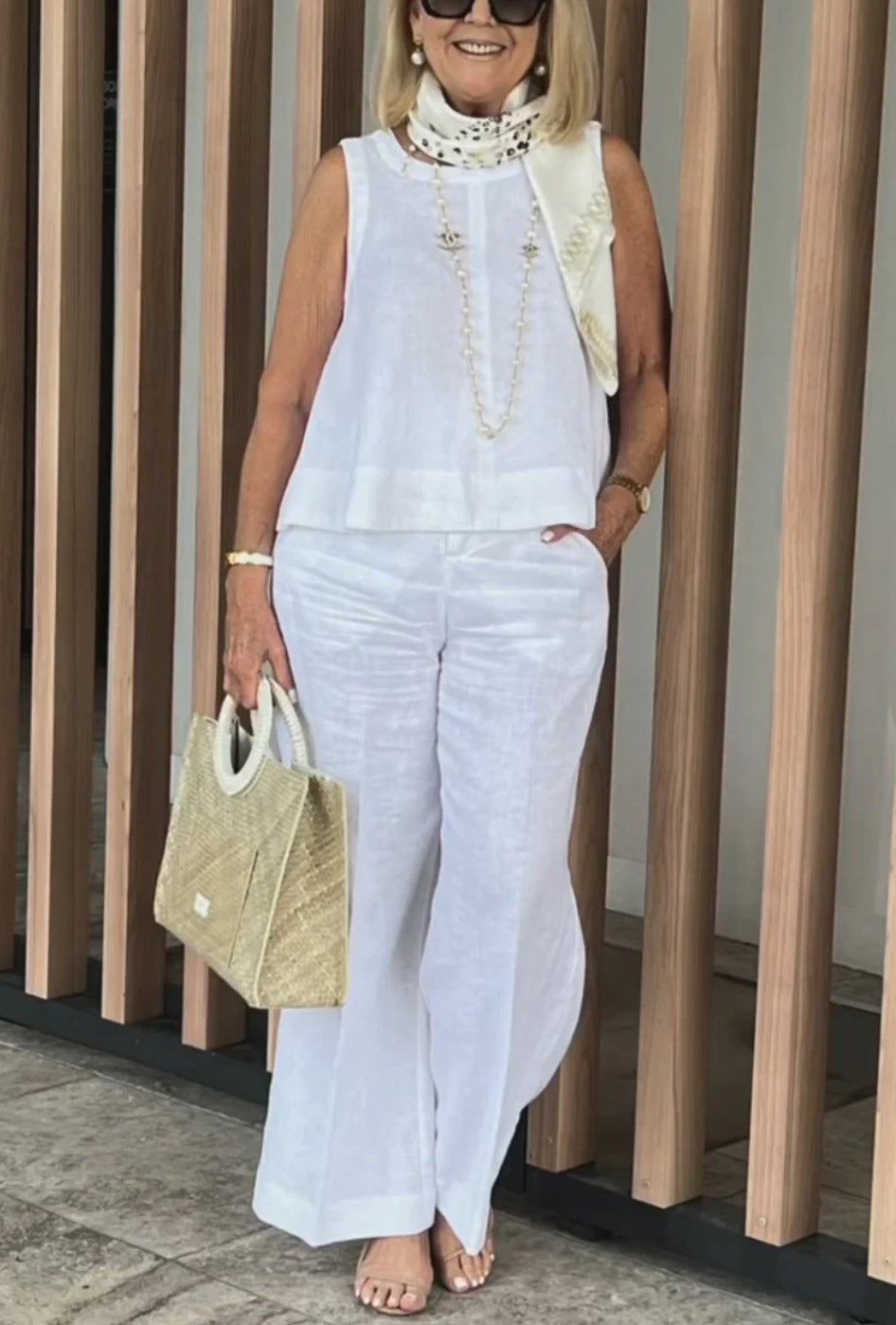 Ensemble pantalon large en coton et lin sans manches