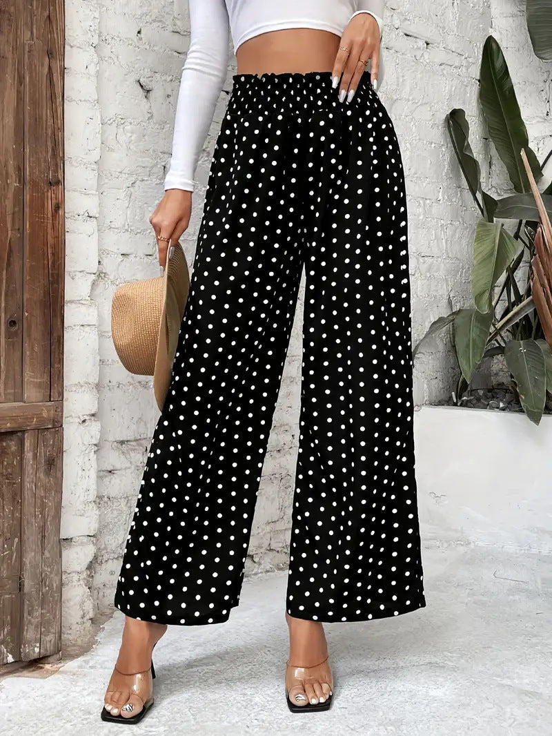 Pantalon à taille haute à pois à jambes larges