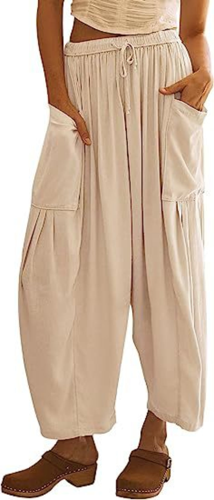 Pantalon large plissé à taille élastique