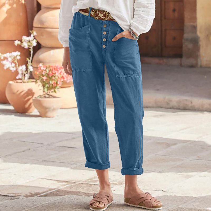 Pantalon en coton et lin à boutons