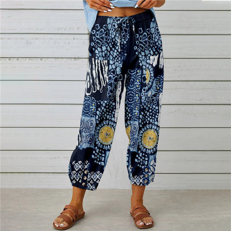 Pantalon imprimé rétro à taille haute et cordon de serrage
