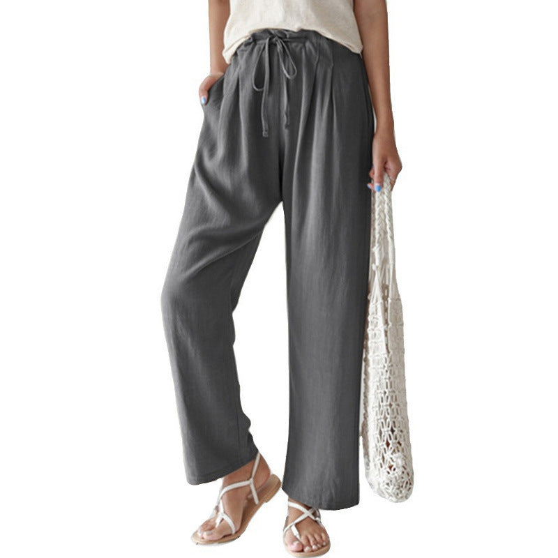 Pantalon droit en coton et lin à taille élastique