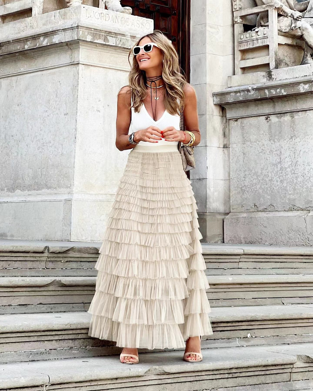 Jupe midi en mesh superposé fluide