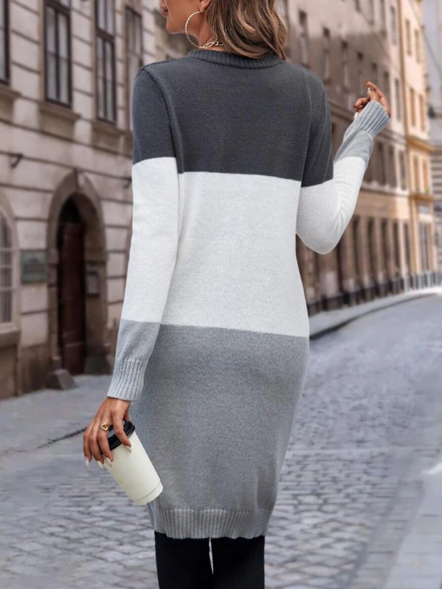 Cardigan long à col V en maille torsadée color block