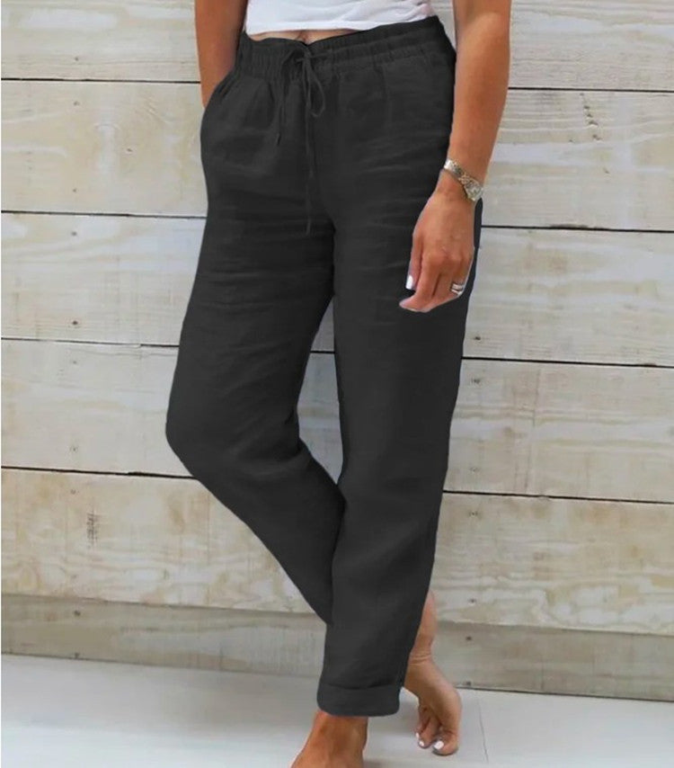 Pantalon large en coton et lin à taille élastique