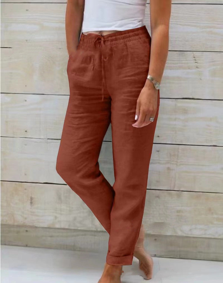 Pantalon large en coton et lin à taille élastique