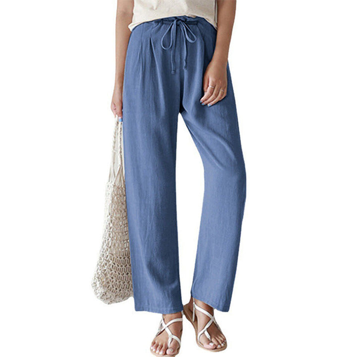 Pantalon droit en coton et lin à taille élastique