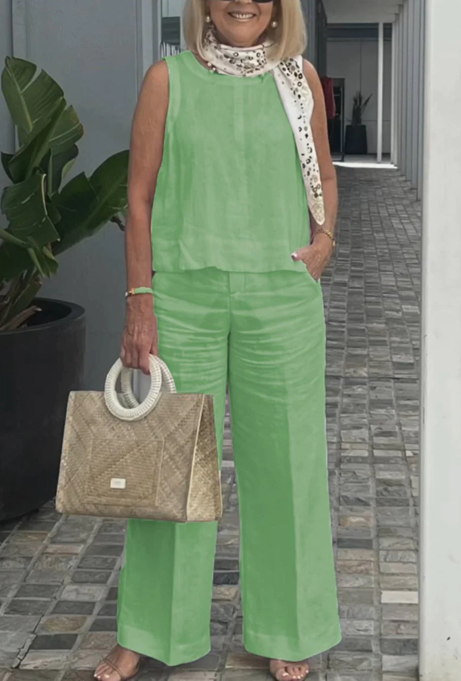 Ensemble pantalon large en coton et lin sans manches