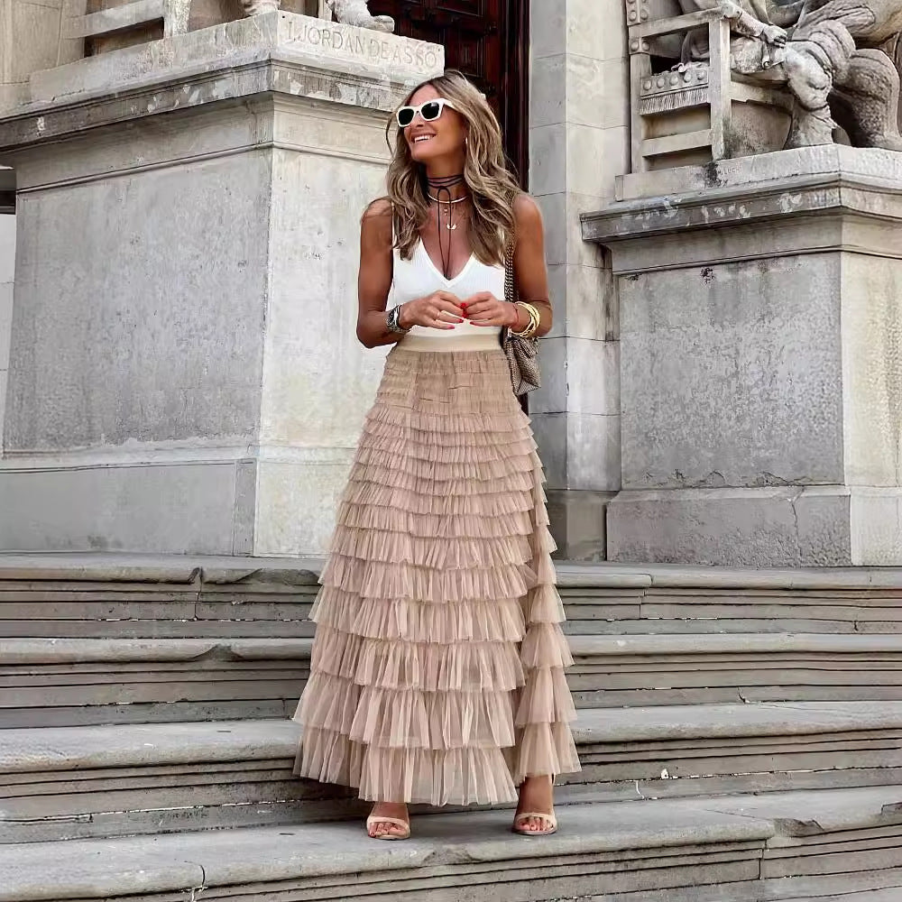 Jupe midi en mesh superposé fluide