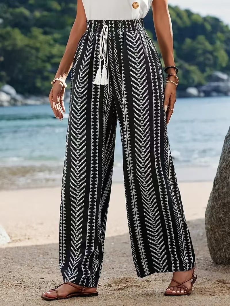 Pantalon droit élastique à imprimé géométrique