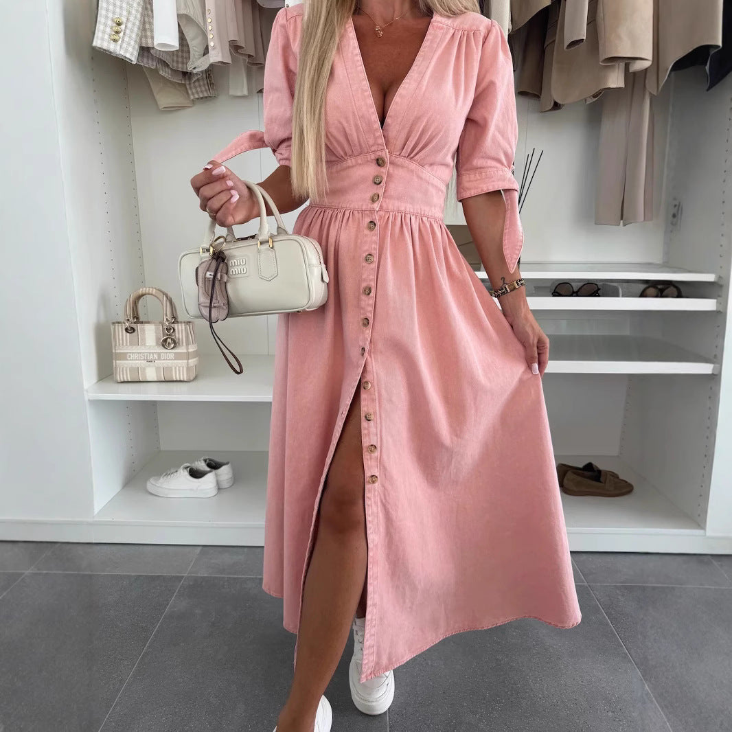 Robe longue en jean à col V