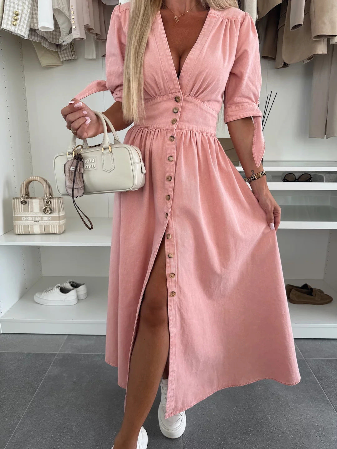 Robe longue en jean à col V