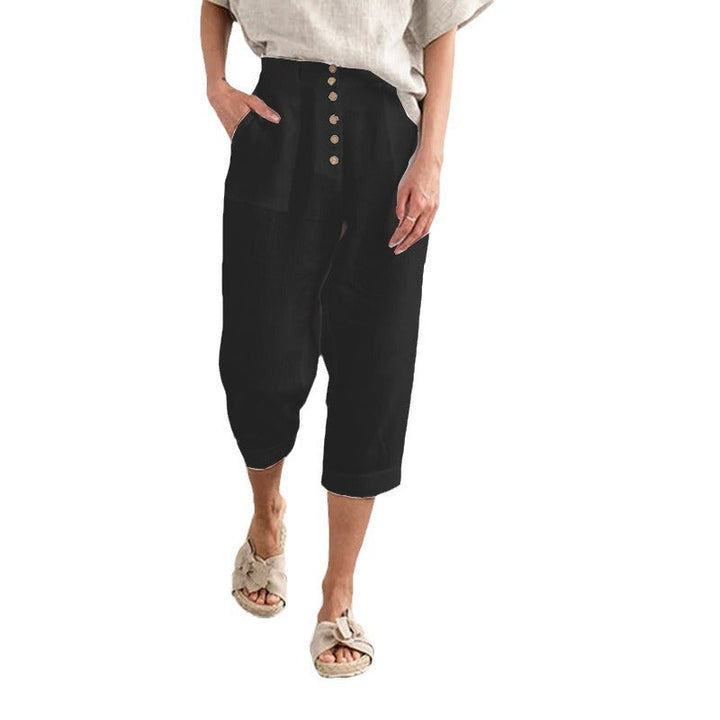 Pantalon décontracté en coton et lin à boutons