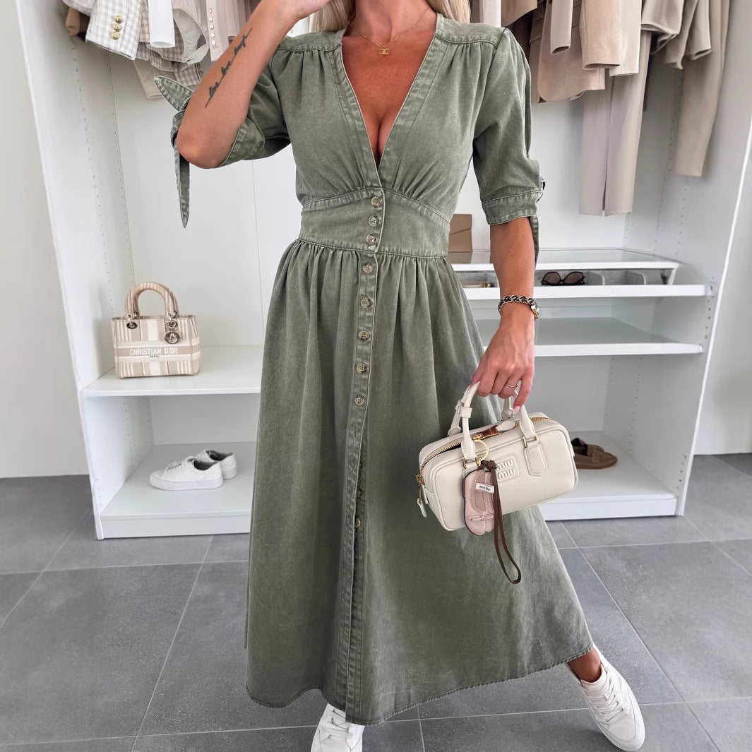 Robe longue en jean à col V