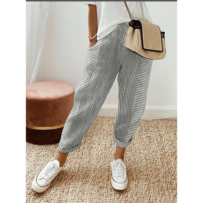 Pantalon décontracté à rayures et coutures