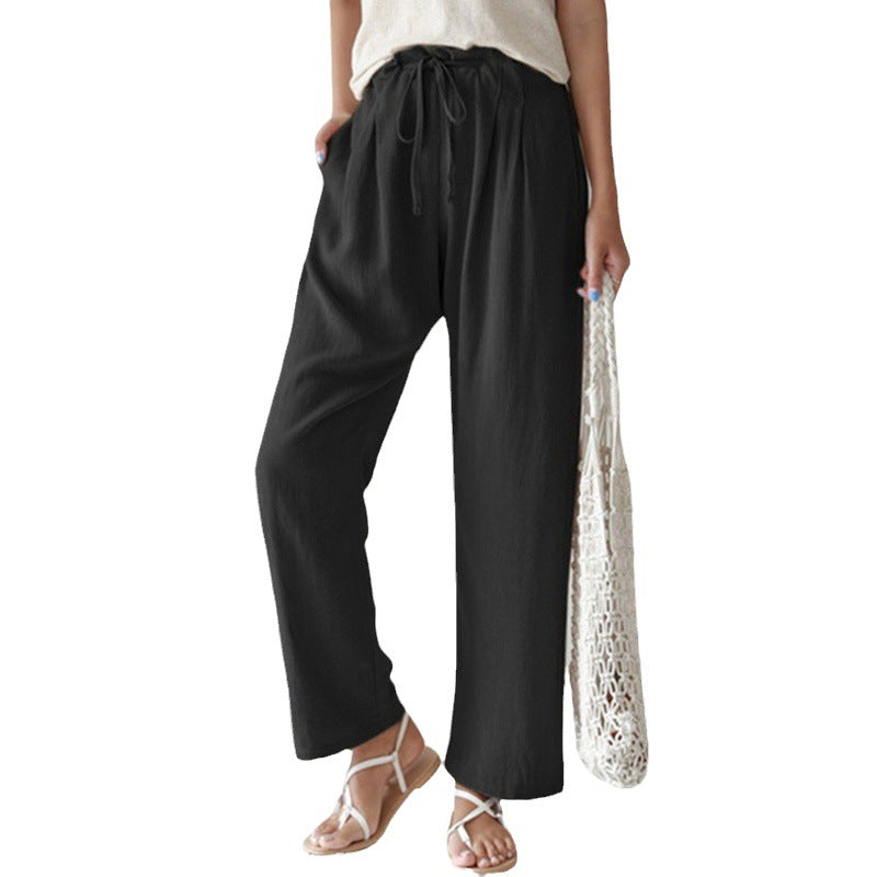 Pantalon droit en coton et lin à taille élastique