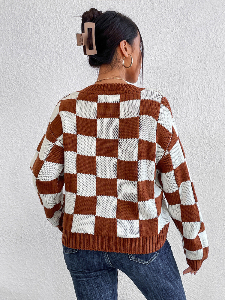 Pull à manches longues col rond à carreaux pour femme