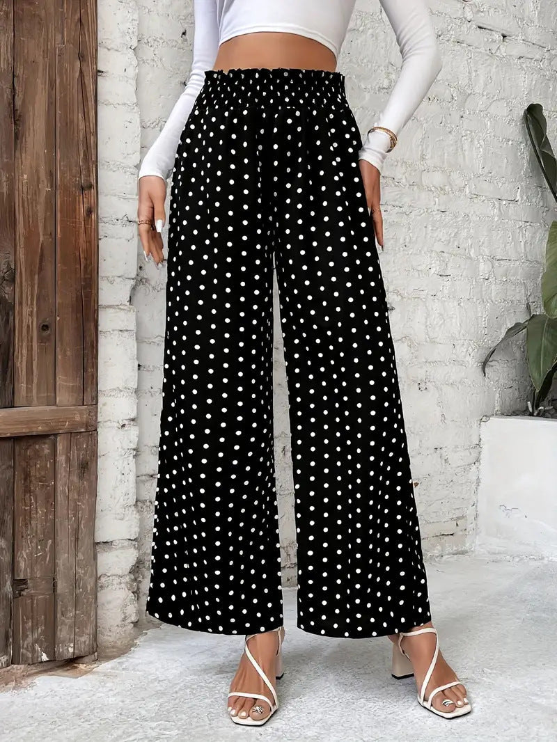 Pantalon à taille haute à pois à jambes larges