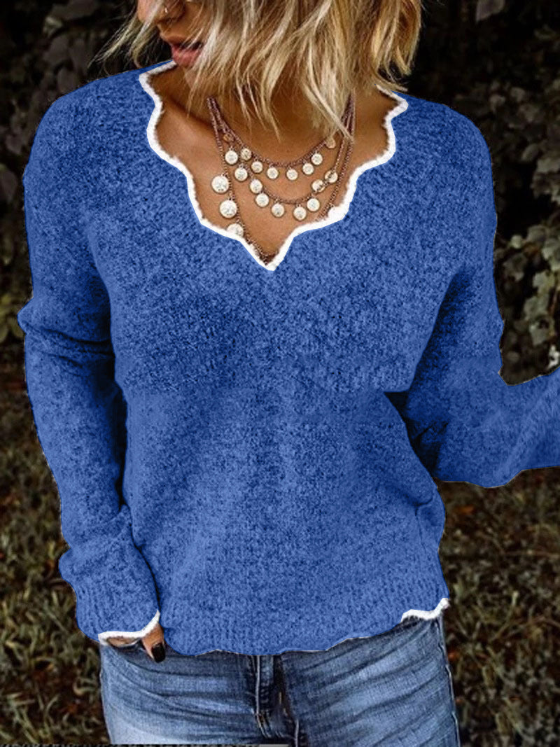 Pull en maille à col V et dentelle pour femme