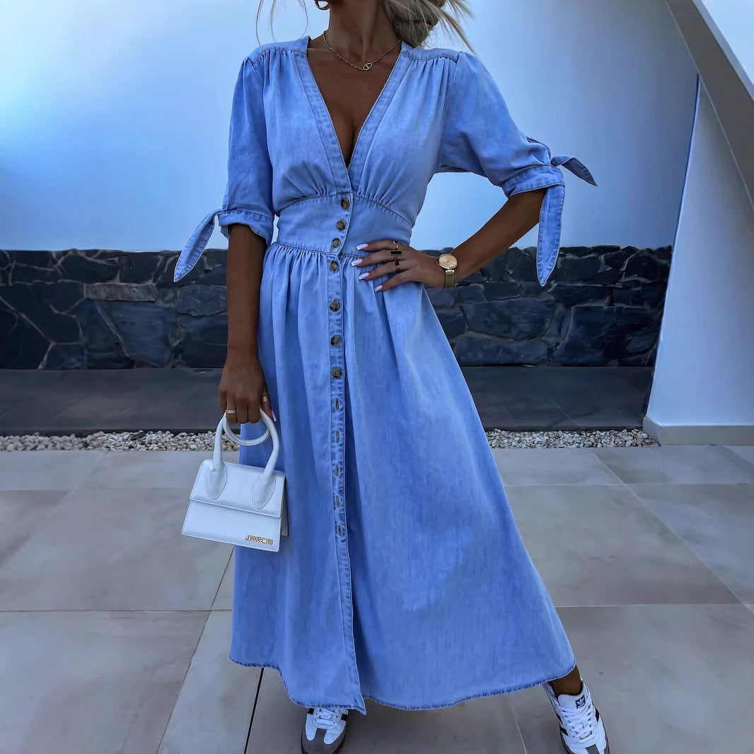 Robe longue en jean à col V