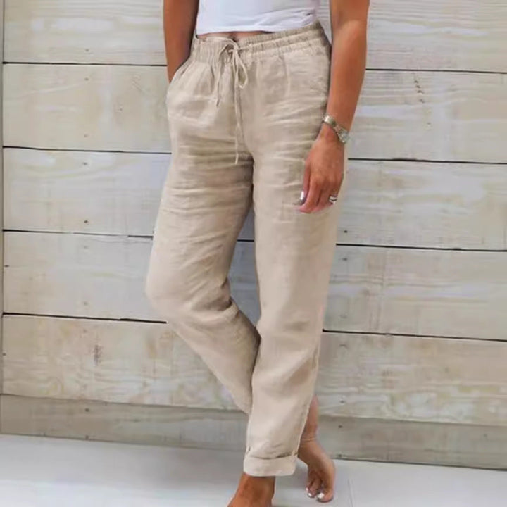 Pantalon large en coton et lin à taille élastique