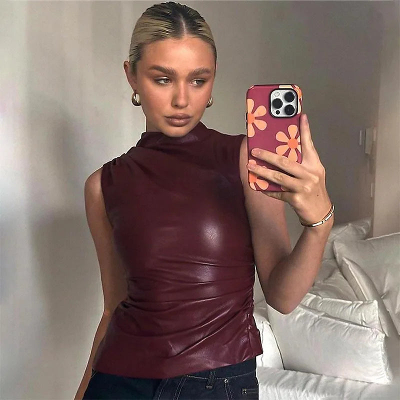 Haut sans manches tendance en cuir noir