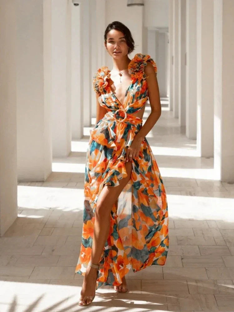 Robe Maxi élégante à volants et dos nu
