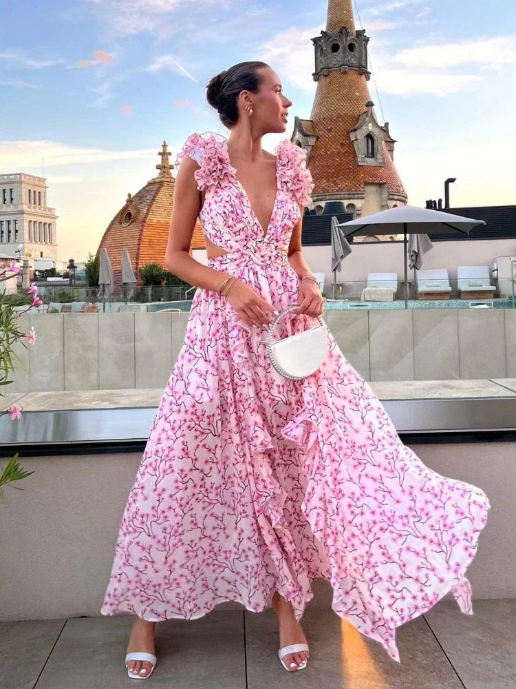 Robe Maxi élégante à volants et dos nu