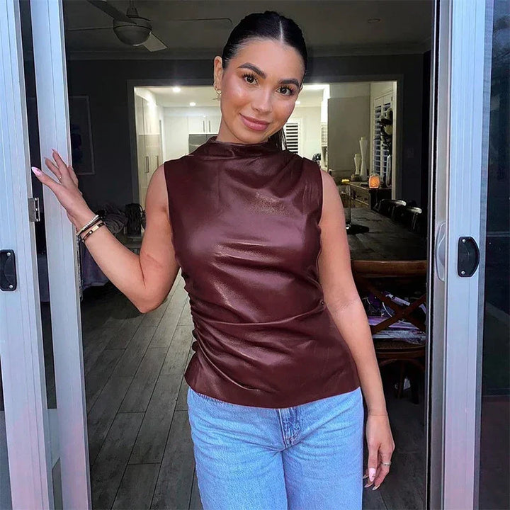 Haut sans manches tendance en cuir noir