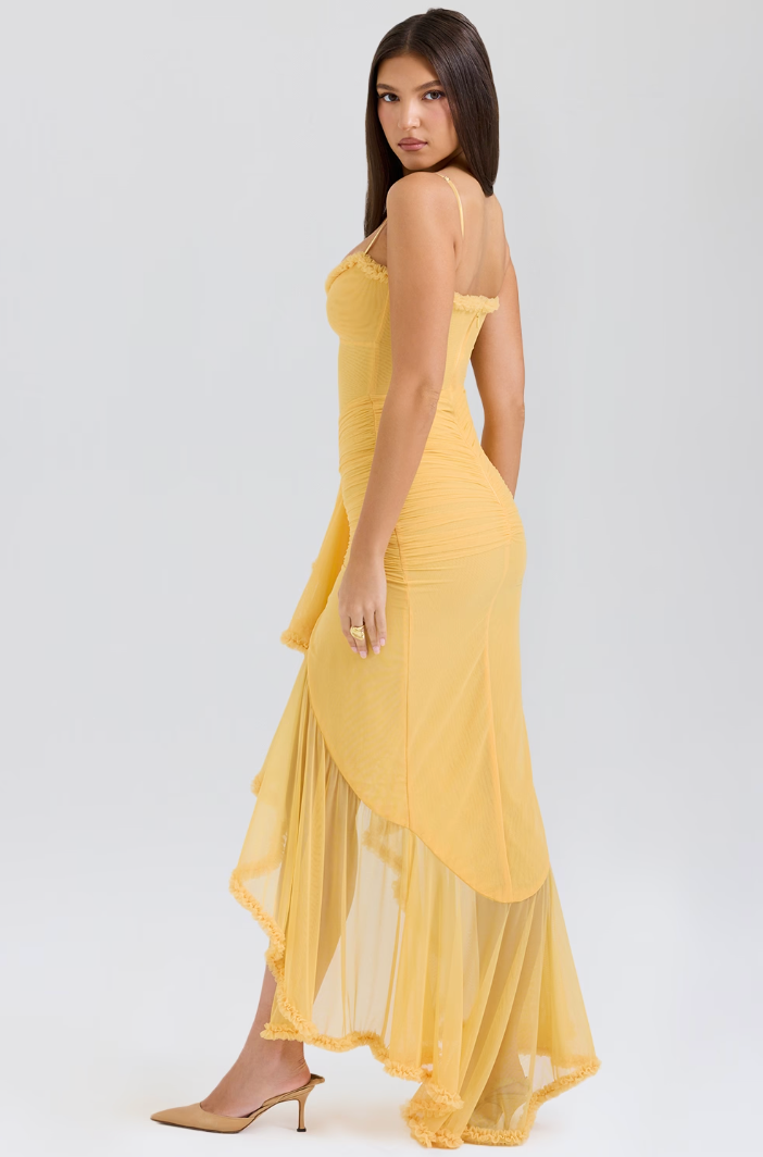 Robe de soirée froncée à volants et ourlet en queue de pie