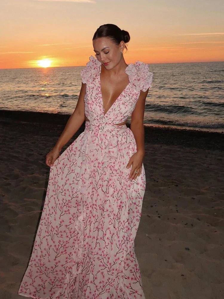 Robe Maxi élégante à volants et dos nu