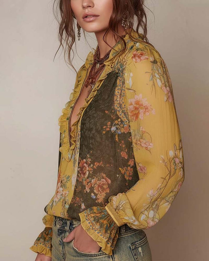 Floral print blouse with half-zip
