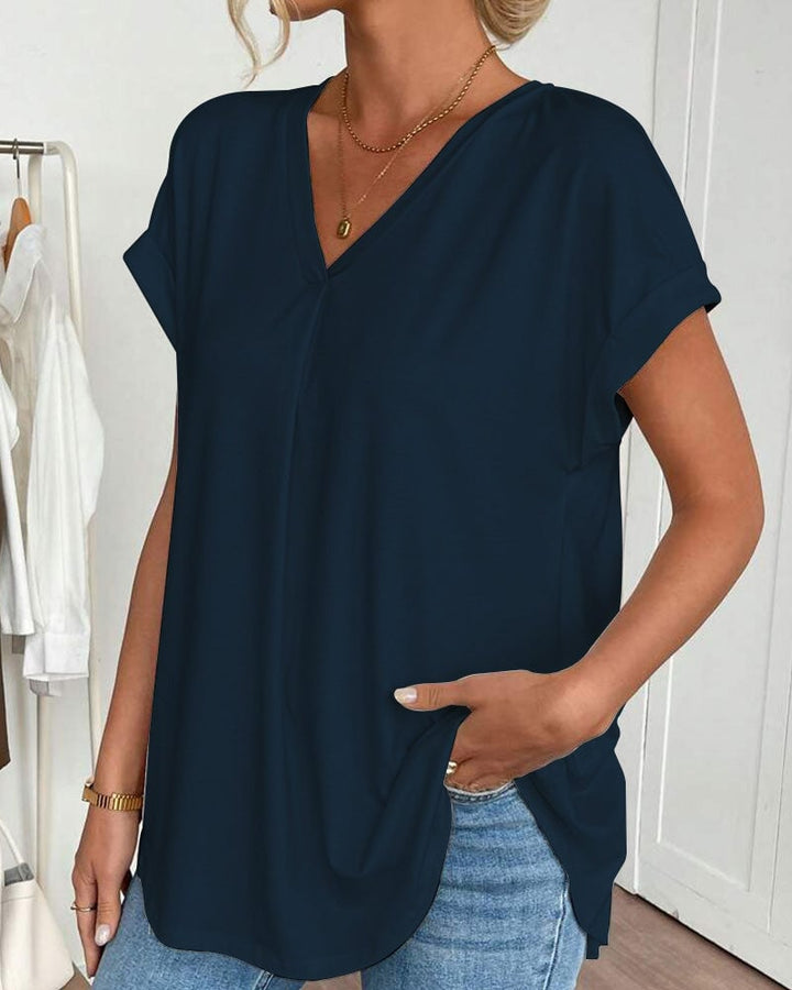 T-shirt patchwork couleur unie à manches courtes