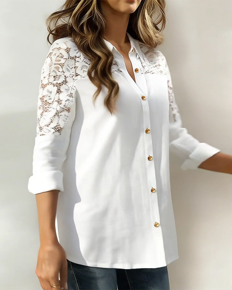 Blouse tendance à revers en patchwork de dentelle