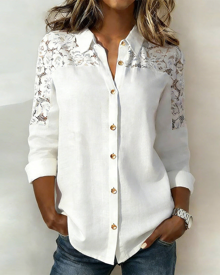 Blouse tendance à revers en patchwork de dentelle