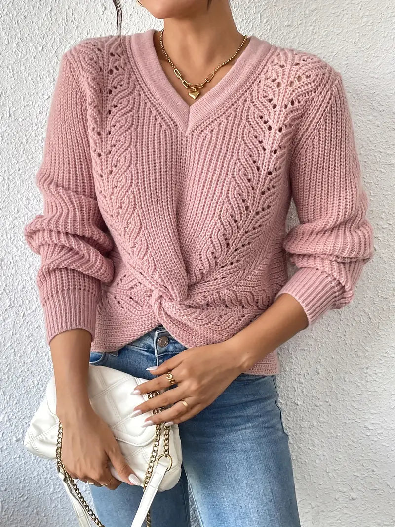 Pull en maille torsadée à col V pour femme