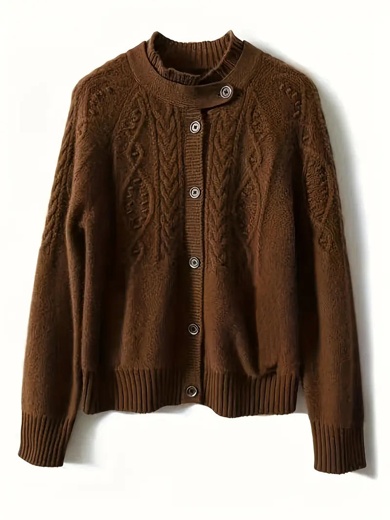 Cardigan élégant marron en maille torsadée à boutons décoratifs